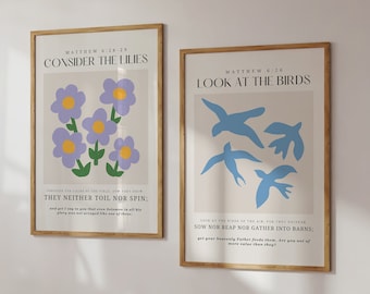 Bibel-Vers-Drucke, Lilien und Vögel, moderne christliche Wandkunst (digitaler Download)