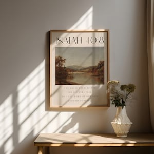 Jesaja 40:8, het gras verdort en de bloemen vallen, vintage christelijke kunst aan de muur, christelijke prenten, herfstmuurdecor, herfstbijbelversposter