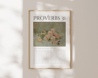 Provérbios 31, Ela está vestida com força e dignidade, Arte de parede com versículos bíblicos, Imprimível cristão, Arte de parede cristã vintage, Arte de parede vintage