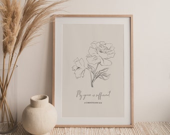 2 Corintios 12:9, Mi gracia es suficiente impresión, Botánico vintage, Versículo bíblico imprimible, Versículo bíblico de flores imprimible, Arte floral vintage