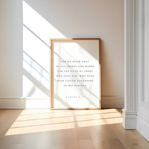 Romans 8:28, God Works All Things for the Good, Modern Christian Printable, Bible Verse Wall Art, Minimal Scripture Prints, Baptism Print