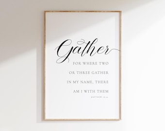 Matthew 18:20, For Where Two or Three Gather in My Name, Christian Dining Room Wall Art, Modern Dining Room Bible Verse, Kitchen Scripture