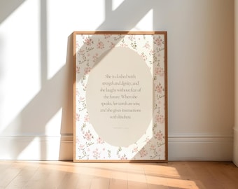 Spreuken 31:25-26, ze is gekleed met kracht en waardigheid, bijbelvers muurkunst, christelijke Moederdagprint, schrift, christelijke muurkunst
