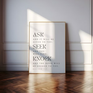 Matthew 7:7, Ask, Seek and Knock, Christian Printable, Bible Verse Wall Art, Bible Verse Prints, Scripture Printable, Christian Wall Decor