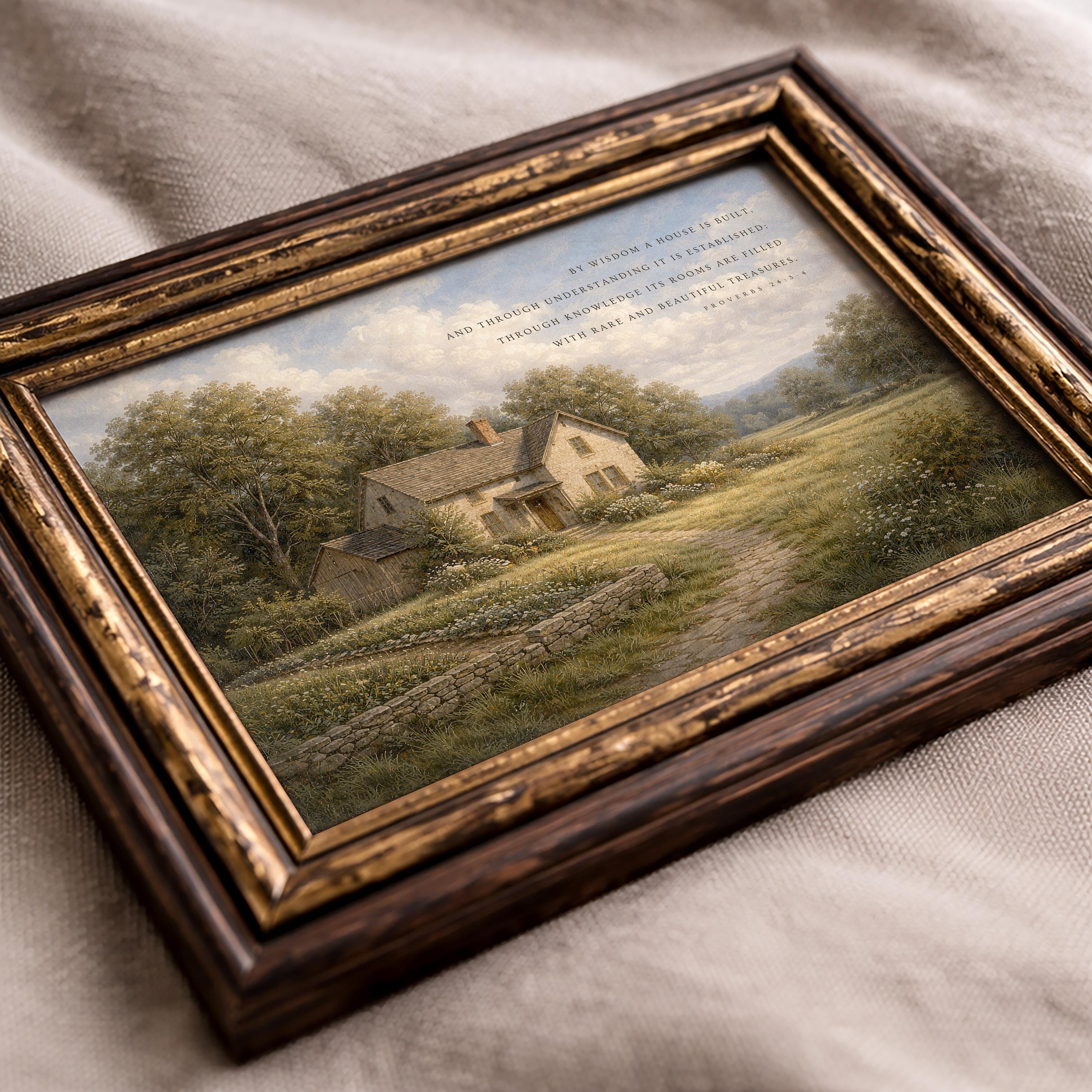 Cottage Scripture Image Proverbs 24:3-4, by Wisdom a House is Built, Christian Landscape Wall ...