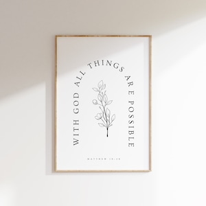 Matthew 19:26, All Things Are Possible With God, Christian Printable, Bible Verse Wall Art, Modern Christian Prints, Minimal Scripture Print