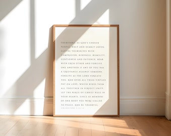 Kolossenzen 3:12-15, Gods uitverkoren volk, kleed jezelf met mededogen, moderne christelijke afdrukbare, bijbelvers muurkunst, schriftprint