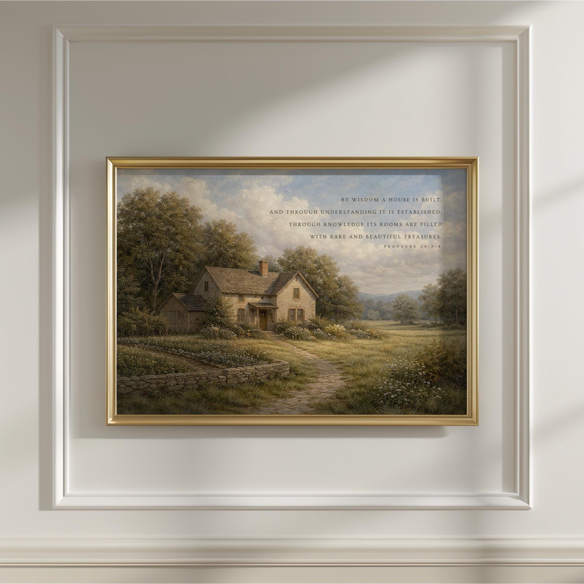 Cottage Scripture Image Proverbs 24:3-4, by Wisdom a House is Built, Christian Landscape Wall ...