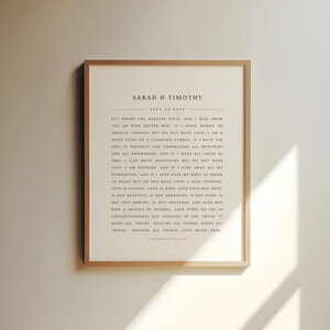 May include: A printable wedding art print with a white background and black text. The text is a quote from the Bible, 1 Corinthians 13:1-13, about love. The print is titled "Sarah & Timothy" and includes the date "July 05, 2024".
