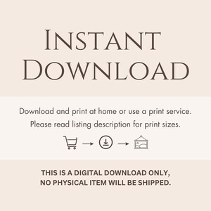 Puede incluir: Un gr&aacute;fico de descarga digital con el texto "INSTANT DOWNLOAD" en texto marr&oacute;n. El gr&aacute;fico tambi&eacute;n incluye el texto "Descargue e imprima en casa o utilice un servicio de impresi&oacute;n. Lea la descripci&oacute;n del listado para conocer los tama&ntilde;os de impresi&oacute;n." y los iconos de un carrito de compras, una flecha de descarga y un marco de imagen.