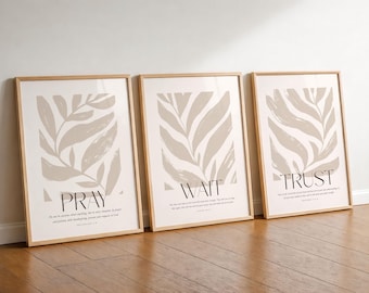 Set of 3 Neutral Bible Verse Prints, Pray Wait Trust Scripture Art (Digital Download)