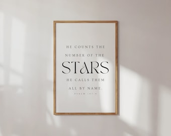 Salmo 147:4, Ele conta as estrelas e as chama pelo nome, impressão cristã, arte de parede com versículos bíblicos, impressão de quarto cristão, berçário cristão