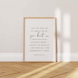 Salmo 139: 13-14, porque creaste mi ser más íntimo, impresión hecha con miedo y maravillosamente, decoración de vivero cristiano, vivero cristiano imprimible