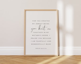 Psalm 139:13-14, For You Created My Inmost Being, Fearfully & Wonderfully Made Print, Christian Nursery Decor, Christian Nursery Printable