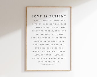 1 Corinthians 13:4-8, Love is Patient Love is Kind Printable, Modern Christian Printable, Bible Verse Wall Art, Wedding Prints, Love Print