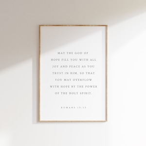 Romanos 15:13, Que o Deus da Esperança o encha de toda alegria e paz, cristão moderno para impressão, arte de parede com versículos da Bíblia, mínimo, impressão de escrituras