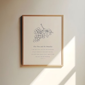 Może przedstawiać: Czarno-biała ilustracja winorośli z winogronami, z tekstem "The Vine and the Branches" i cytatem z Jana 15:5: "Ja jestem winoroślą, a wy gałęziami. Kto trwa we mnie, a ja w nim, ten przynosi obfity owoc; bo bez mnie nic nie możecie uczynić."