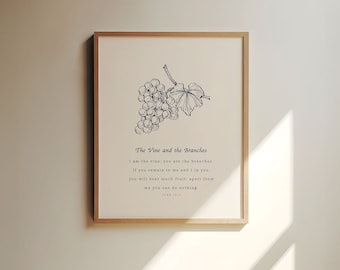 John 15:5, I Am the Vine; You Are the Branches, Vintage Christian Wall Art, Vintage Bible Verse Printable, Scripture Print, Christian Prints