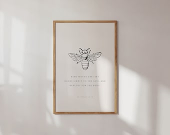 Proverbi 16:24, Le parole gentili sono come il miele, Versetto biblico vintage stampabile, Arte da parete cristiana vintage, Arte da parete con api, Stampe delle Scritture moderne