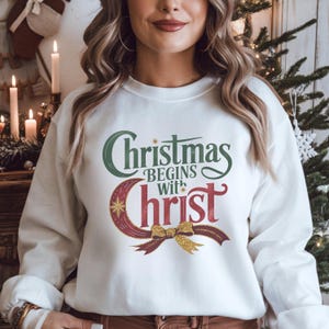 Christmas Begins with Christ Vintage Coquette | Faith-Based Christmas Design| Christian Christmas Wall Art | Holiday T-Shirt Sweatshirt Gift