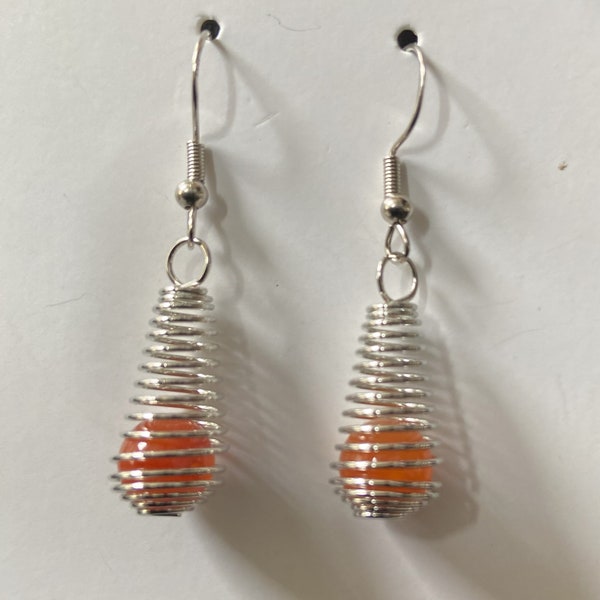 Red Agate Stone in Wire Cage Earrings