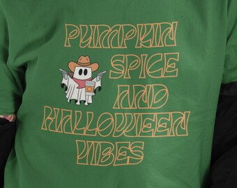 Pumpkin Spice Halloween Vibes Tee, Coffee Ghost Cowgirl Shirt, Ladies Fall Holiday T-Shirt, Autumn Enthusiast Womens Gift, Fall Drink Tee
