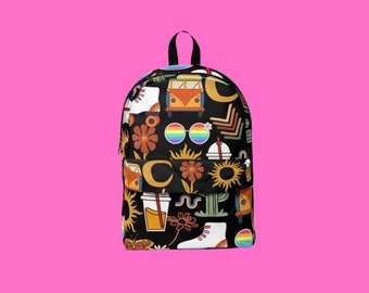 Cool Retro Cactus Backpack, Groovy Coffee Book Bag, Unique Grown Womens College Backpack, Cute Hippie Van Rainbow Bag, Girls School Supplies