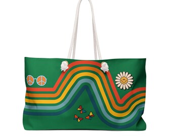 Groovy 70's Style Tote Bag, Cute Ladies Green Rainbow Beach Weekender Tote, Beach Gifts for Adults or Kids, Retro Colorful Useful Beach Gear