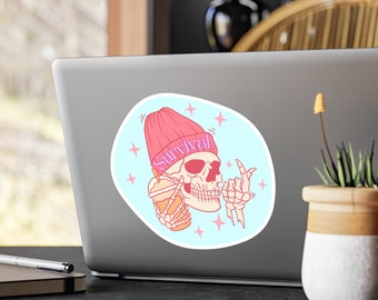 Coffee Skull in a Beanie Survival Vinyl Decal, Funny Life Death Cute Sticker, Inside or Outside College Teen Womens Sticker, Cute Small Gift