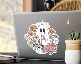 Stop and Smell the Coffee Decal, Cute Floral Ghost Coffee Lover Halloween Sticker, Inexpensive Women's Fall Gift, Coffee Pink Flower Sticker