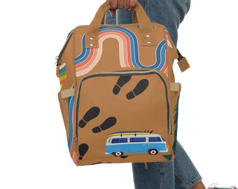 Hippie Rainbow Diaper Bag Backpack, Hiking Boho Baby Bag, Tree Adventure Diaper Bag, Cute Explorer Themed Unisex Baby Gear, Hippie Van Bag