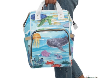 Creative Ocean Diaper Bag, Sea Life Themed Baby Gift, Sea Creature Diaper Bag, Cute Ocean Baby Gifts, Whale Diaper Bag, Turtles and Fish Bag