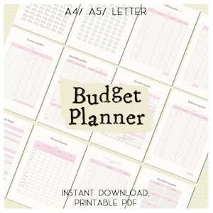Può includere: Pianificatore di budget stampabile con pagine per tenere traccia di entrate, spese, risparmi, bollette e finanze mensili e annuali. Le pagine sono bianche con linee e testo rosa. Il testo sull'immagine recita "Budget Planner" e "Download immediato. PDF stampabile".
