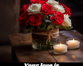 May include: A bouquet of red and white roses in a glass vase with a rustic twine wrap. The vase is sitting on a wooden table with two lit candles. The text "Your love is a garden of red roses" is displayed below the image. DIGITAL PRODUCT is displayed at the top of the image.