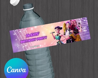 Plantilla editable de Canva para etiqueta de botella de agua de KPOP Demon Hunters Huntrix