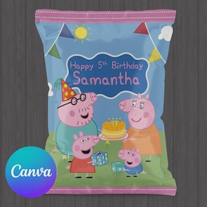 Peppa Pig Personalized Canva Chip Bag Template Custom Party Favor Wrapper