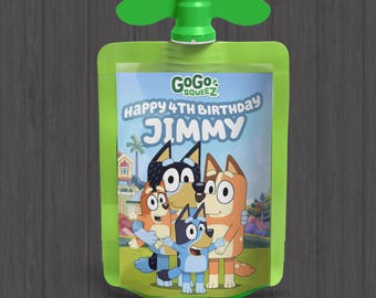 Etiquetas impresas personalizadas para fiesta de cumpleaños GoGo Squeez con temática de Bluey