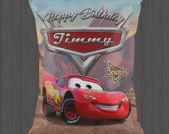 Bolsas de patatas fritas de Rayo McQueen personalizadas, ideales para fiestas de cumpleaños. Impresas.