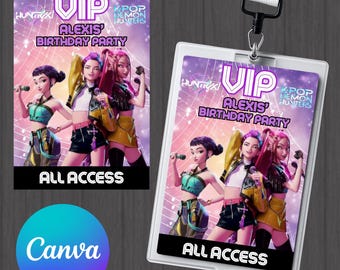 Plantilla de insignia VIP de KPOP Demon Hunters Huntrix, recuerdo de fiesta de cumpleaños personalizado, editable en Canva