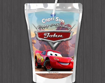 Etiquetas personalizadas impresas para bolsas de jugo Capri Sun de Cars. Ideales para fiestas y cumpleaños.