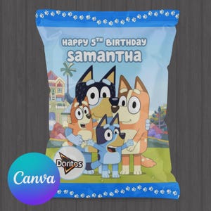 Bluey party favor personalized chip bag template, editable in Canva for a custom birthday