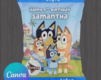 Plantilla de bolsa de papas fritas personalizada para regalo de fiesta de Bluey, editable en Canva para un cumpleaños personalizado