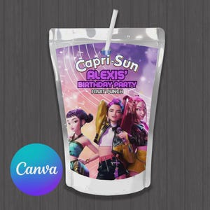 Può includere: Una confezione di succo Capri-Sun con cannuccia, con un design vivace per la festa di compleanno di Alexis. Il design include tre personaggi animati e le parole "Capri-Sun", "Alexis' Birthday Party" e "Fruit Punch". Il logo Canva è visibile in basso a sinistra.
