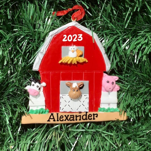 Barn Yard , Cow, Pig, Horse Chicken-Old McDonald had a Farm - Personalized Christmas Ornament