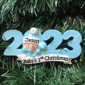 2023 Blue Baby Boy's First Christmas Personalized Ornament, - Grandson, Godson, Grandkids  Twins, Baptism Newborn Gift Tag