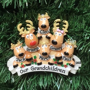 6 Rudolph Red Nose Reindeer- Family of Six Personalized Christmas Ornament-Grandchildren,Crew, Office,4 Grandkids,Grandma&#39;s Angel Gift