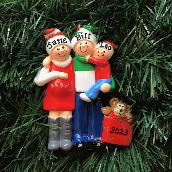 Personalized Christmas Ornament Pregnant Couple with One Child with dog or cat- Expecting Family- Baby makes us four- We're Pregnant