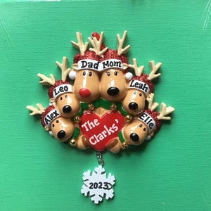 6 Rudolph Red Nose Reindeer- Family of Six Personalized Christmas Ornament-Grandchildren,Crew, Office,4 Grandkids,Grandma&#39;s Angel Gift