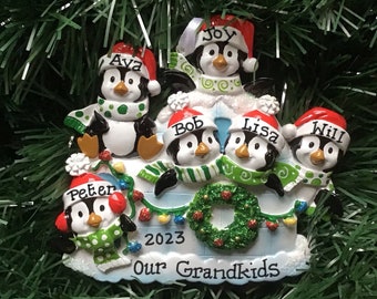 6 Penguins with Santa Hats in Igloo- Family of Six Personalized Christmas Ornament-Grandchildren-Crew-Office-Bridesmaid- Best Friends