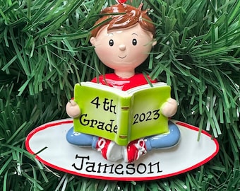Boy Reading Book Personalized Christmas Ornament-PreK Kindergarten Grade School-Middle School- Book Lover- Book Club  Gift
